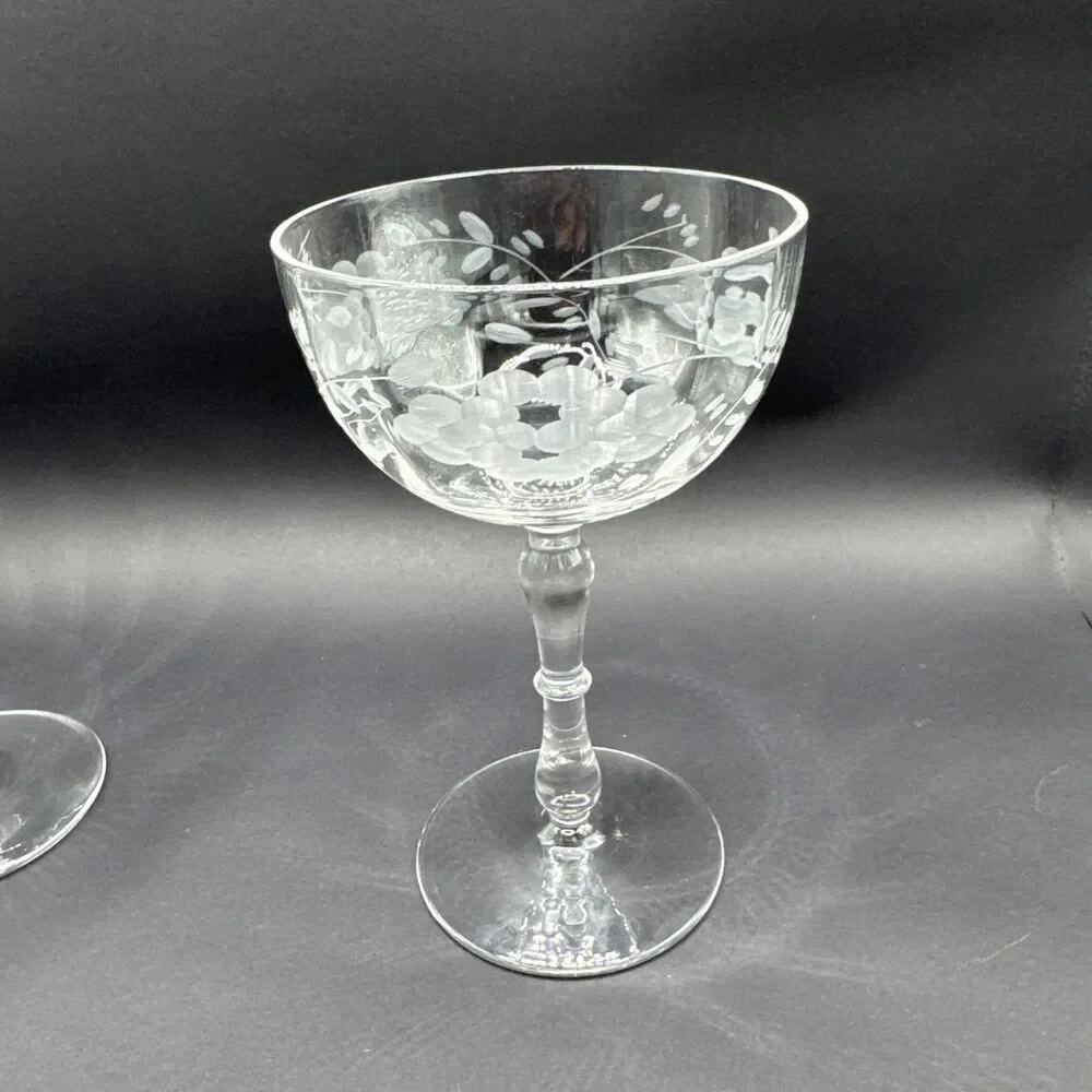 Set Of 2 Vintage Etched (Floral) Crystal Sherry Wine Cocktail Glasses 6”